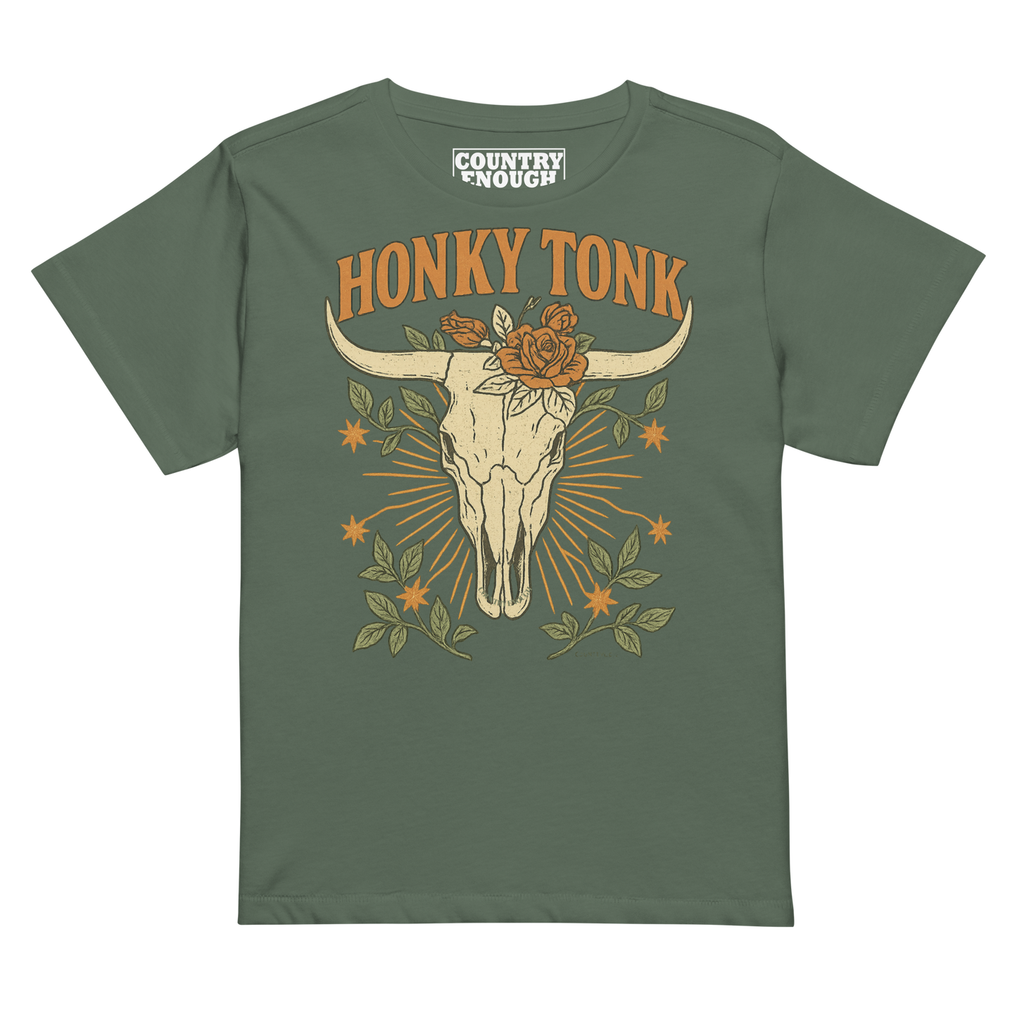 Women's high waist t-shirt with graphic of bull skull and flowers with words honky tonk across the top #pine