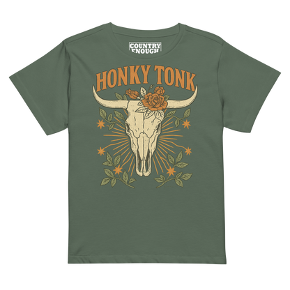 Women's high waist t-shirt with graphic of bull skull and flowers with words honky tonk across the top #pine