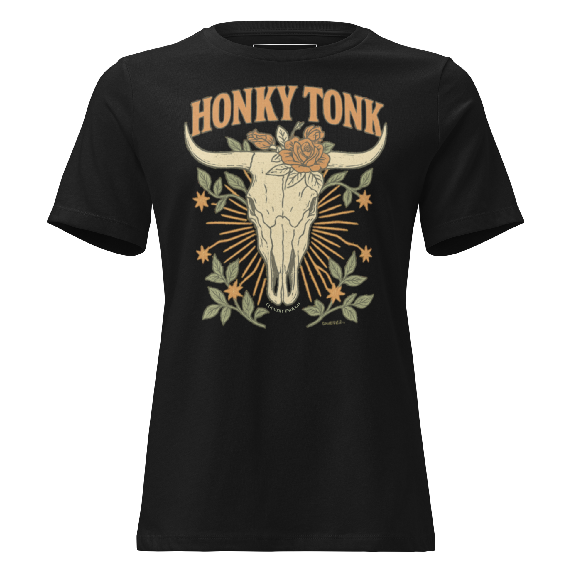 Black t-shirt with graphic of bull skull and roses with word honky tonk above #black