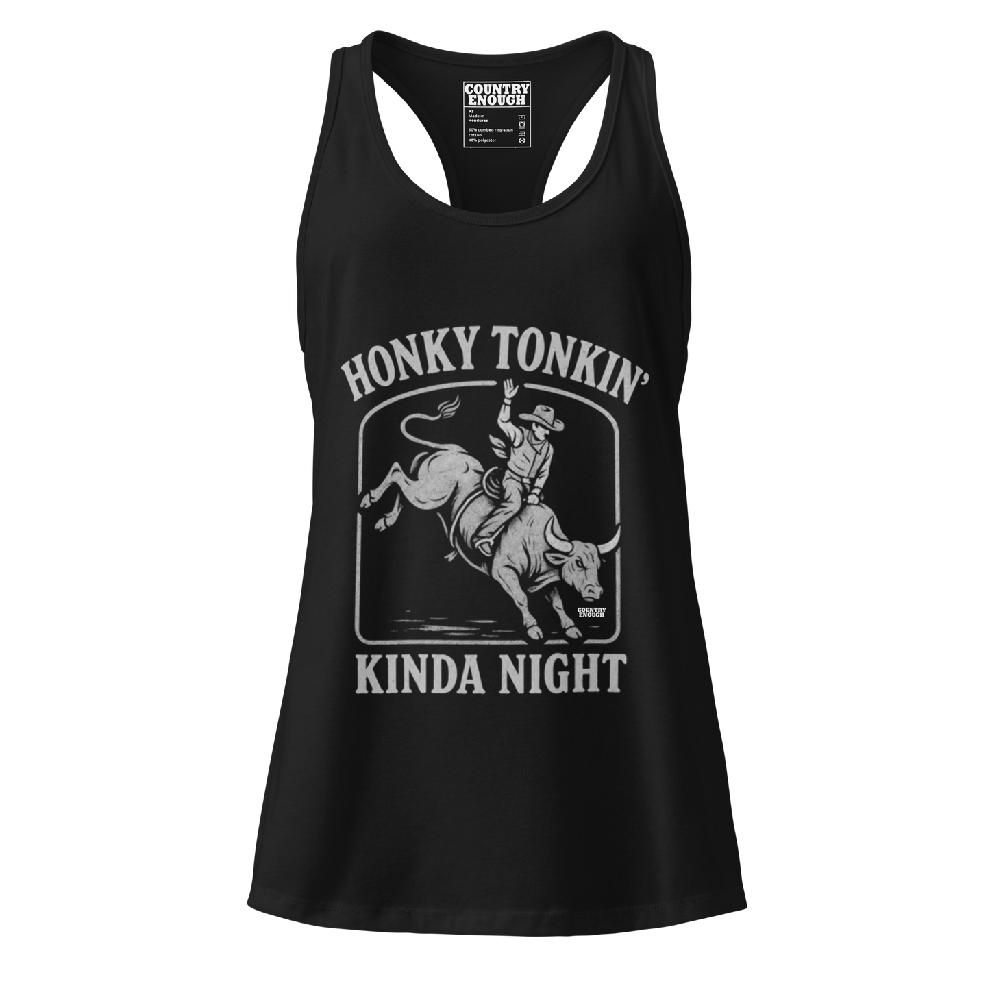 Vintage Black Tank Top with graphic of bull rider and the words honky tonkin' kinda night #black