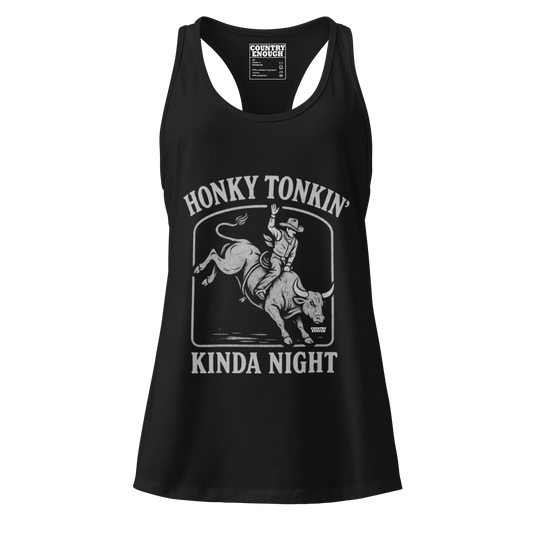 Vintage Black Tank Top with graphic of bull rider and the words honky tonkin' kinda night #black