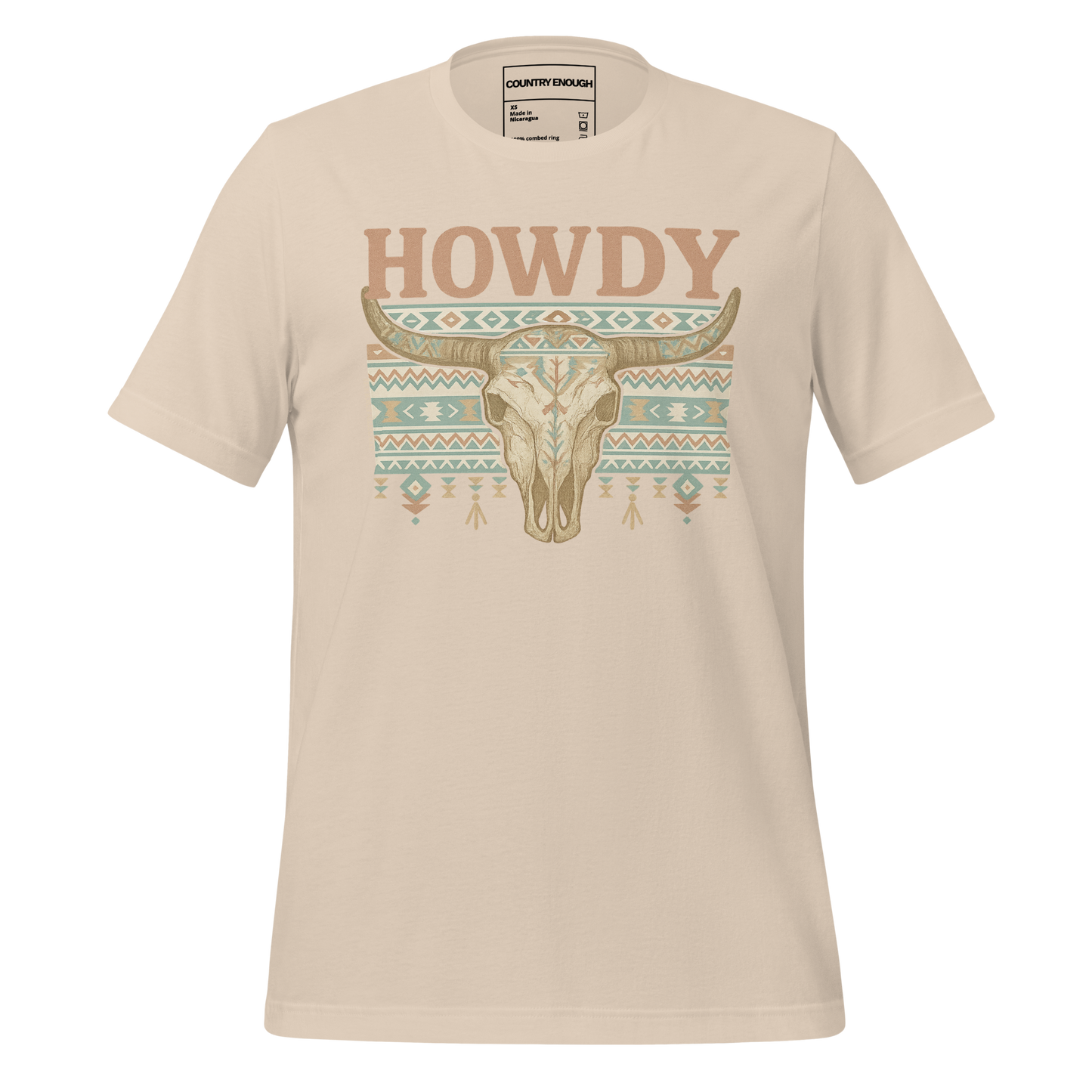 Cream t-shirt with graphic of bull skull, aztec pattern, and words howdy across the top #cream