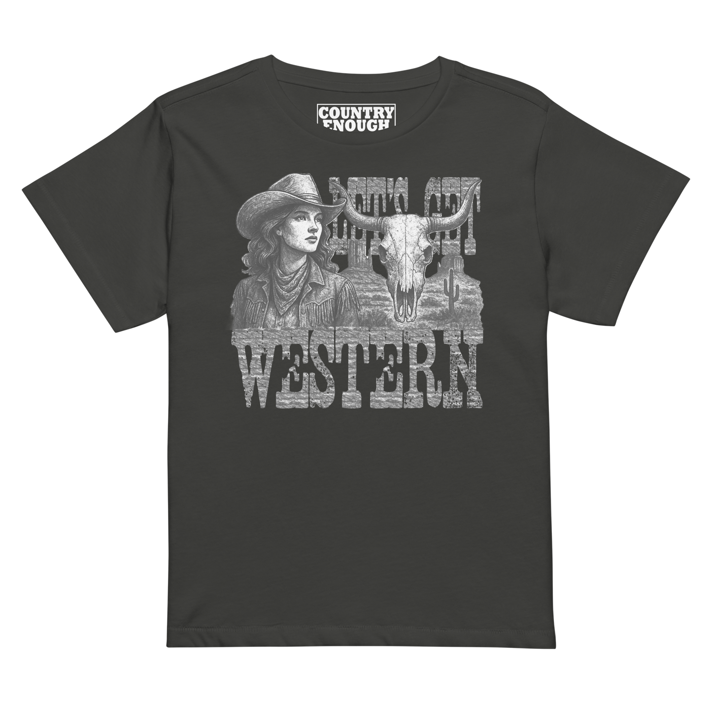 Women's t-shirt with cowgirl, longhorn skull, desert landscape and words Let's Get Western #vintageblack