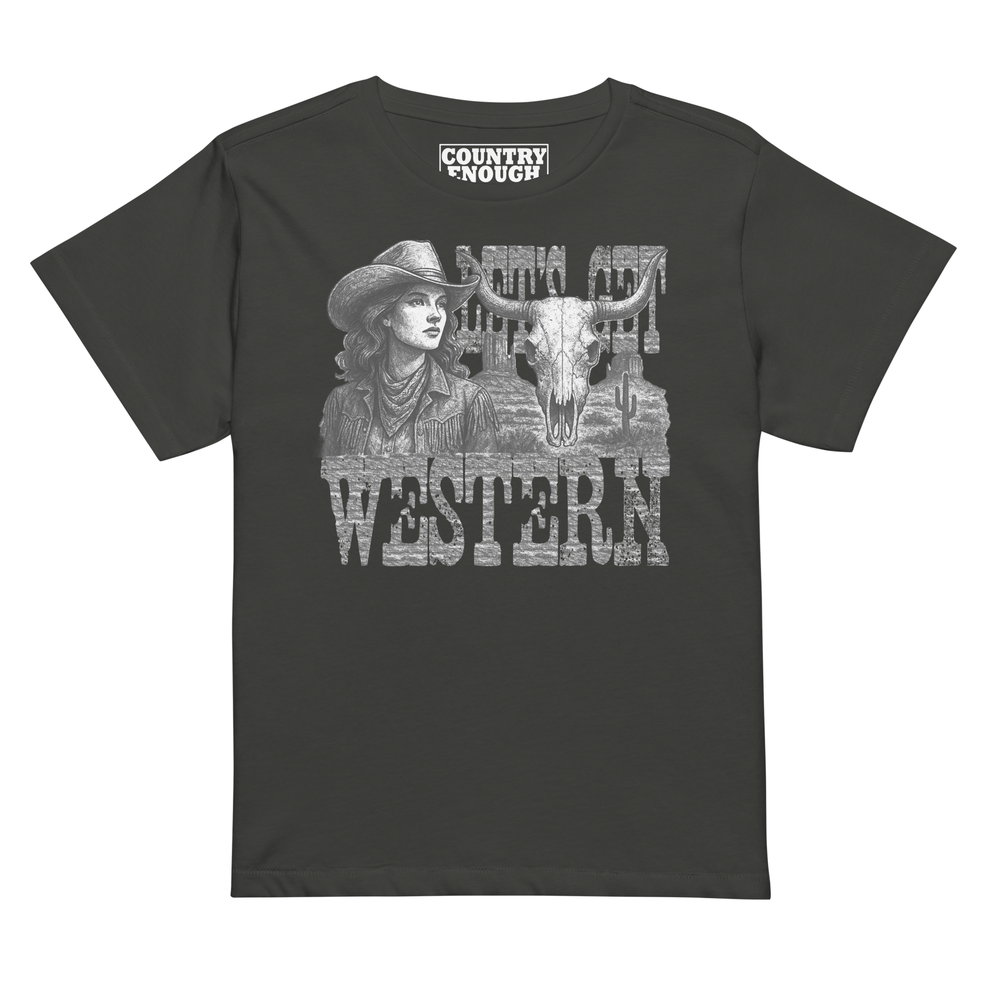 Women's t-shirt with cowgirl, longhorn skull, desert landscape and words Let's Get Western #vintageblack