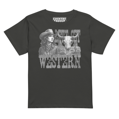Women's t-shirt with cowgirl, longhorn skull, desert landscape and words Let's Get Western #vintageblack