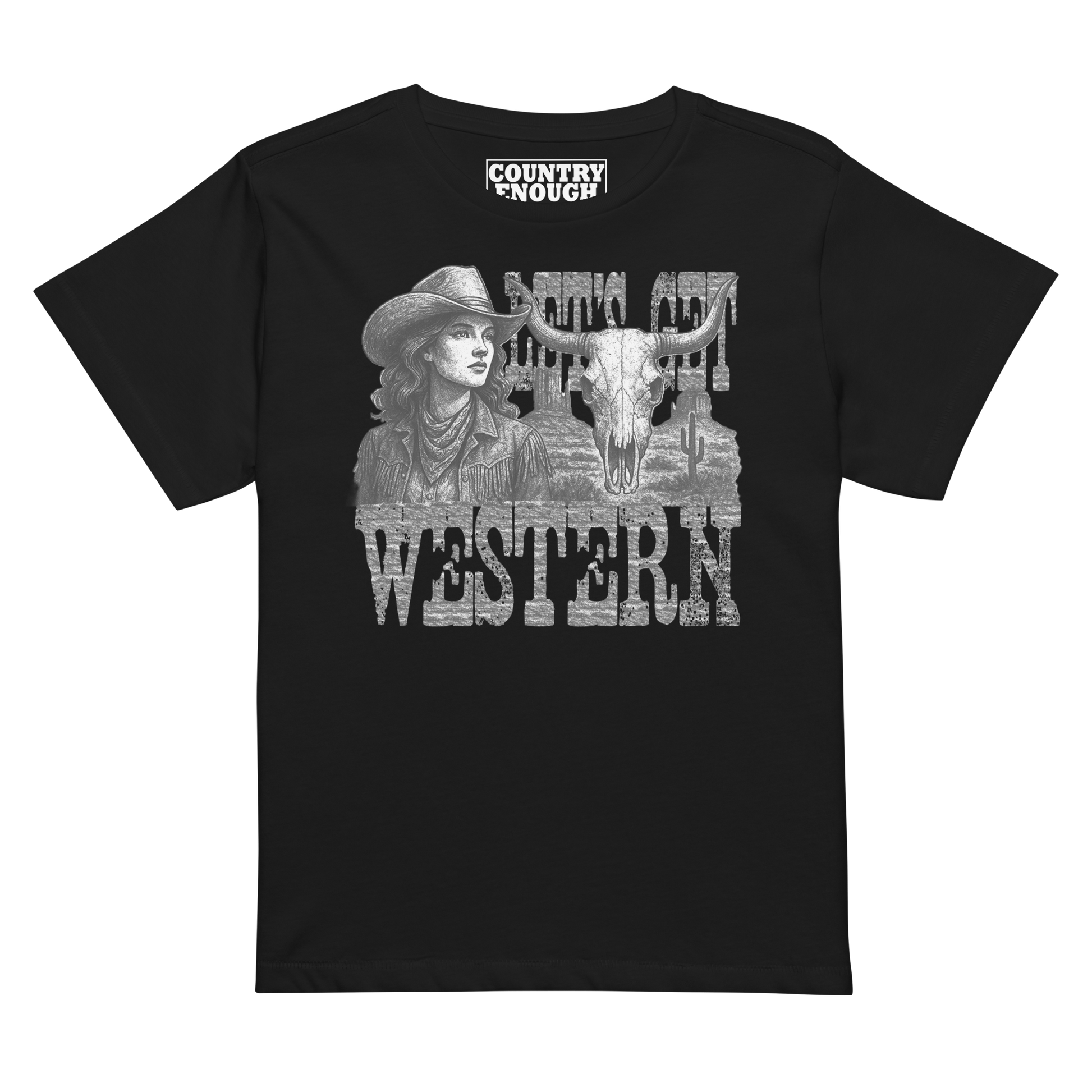 Women's t-shirt with cowgirl, longhorn skull, desert landscape and words Let's Get Western #black