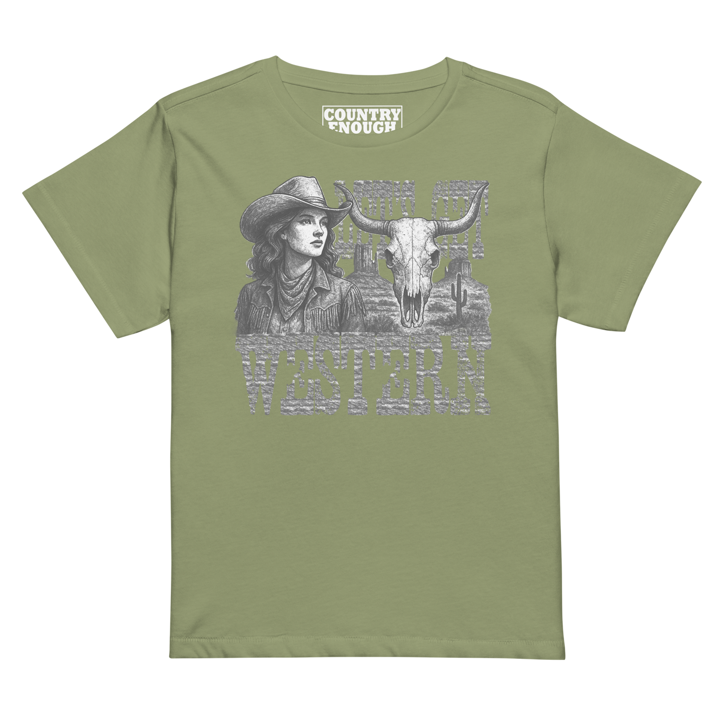 Women's t-shirt with cowgirl, longhorn skull, desert landscape and words Let's Get Western #artichoke