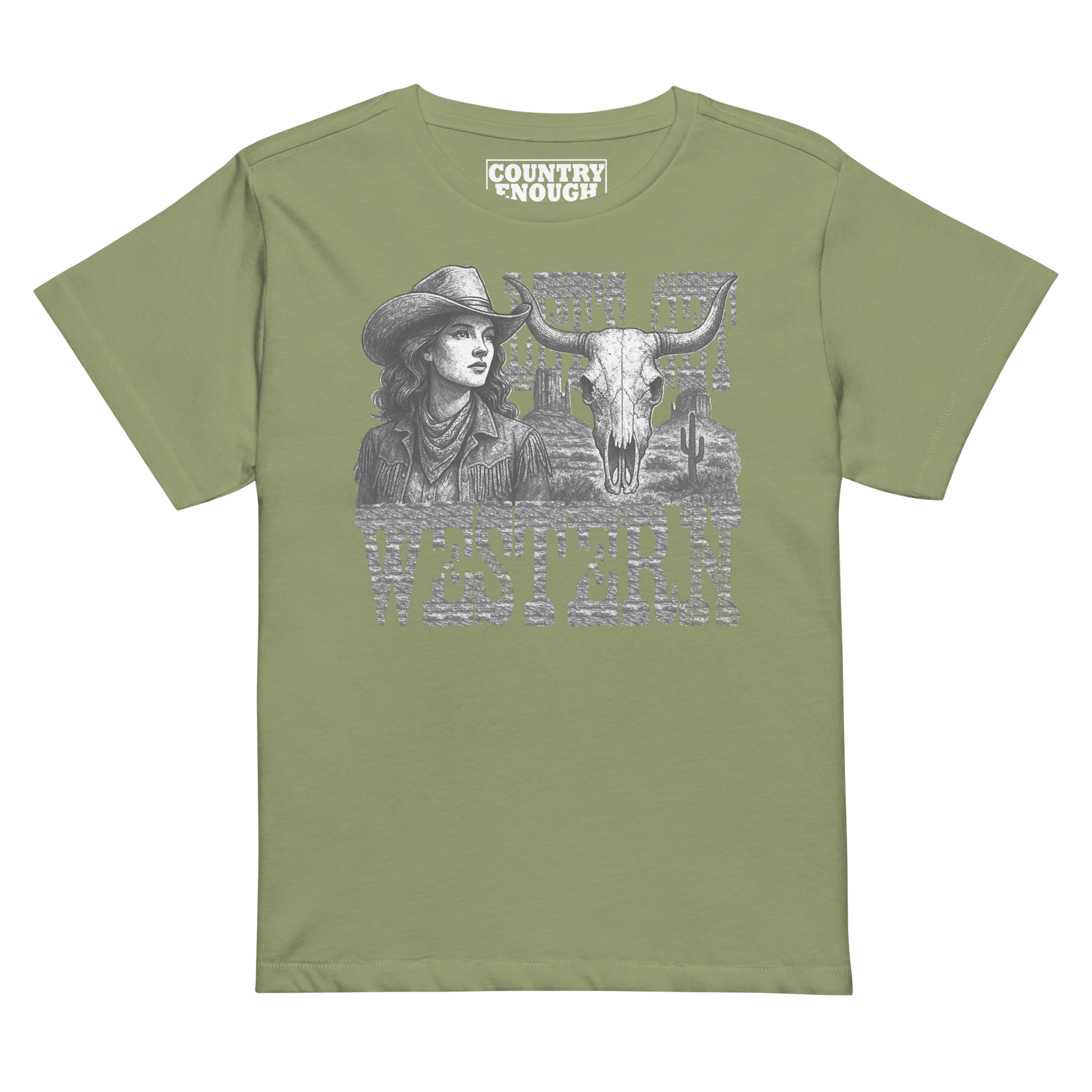 Women's t-shirt with cowgirl, longhorn skull, desert landscape and words Let's Get Western #artichoke