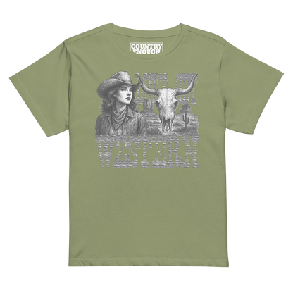 Women's t-shirt with cowgirl, longhorn skull, desert landscape and words Let's Get Western #artichoke