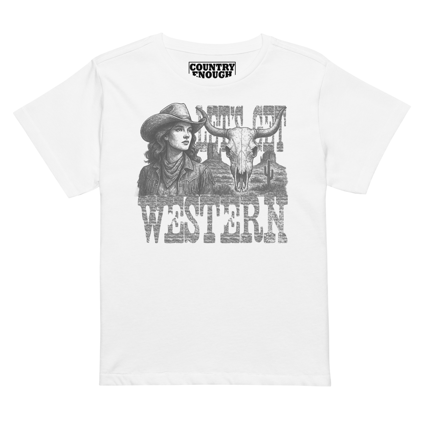 Women's t-shirt with cowgirl, longhorn skull, desert landscape and words Let's Get Western #white