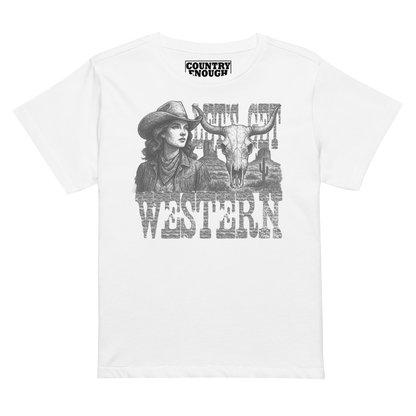 Women's t-shirt with cowgirl, longhorn skull, desert landscape and words Let's Get Western #white