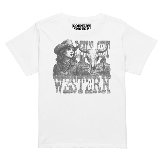 Women's t-shirt with cowgirl, longhorn skull, desert landscape and words Let's Get Western #white