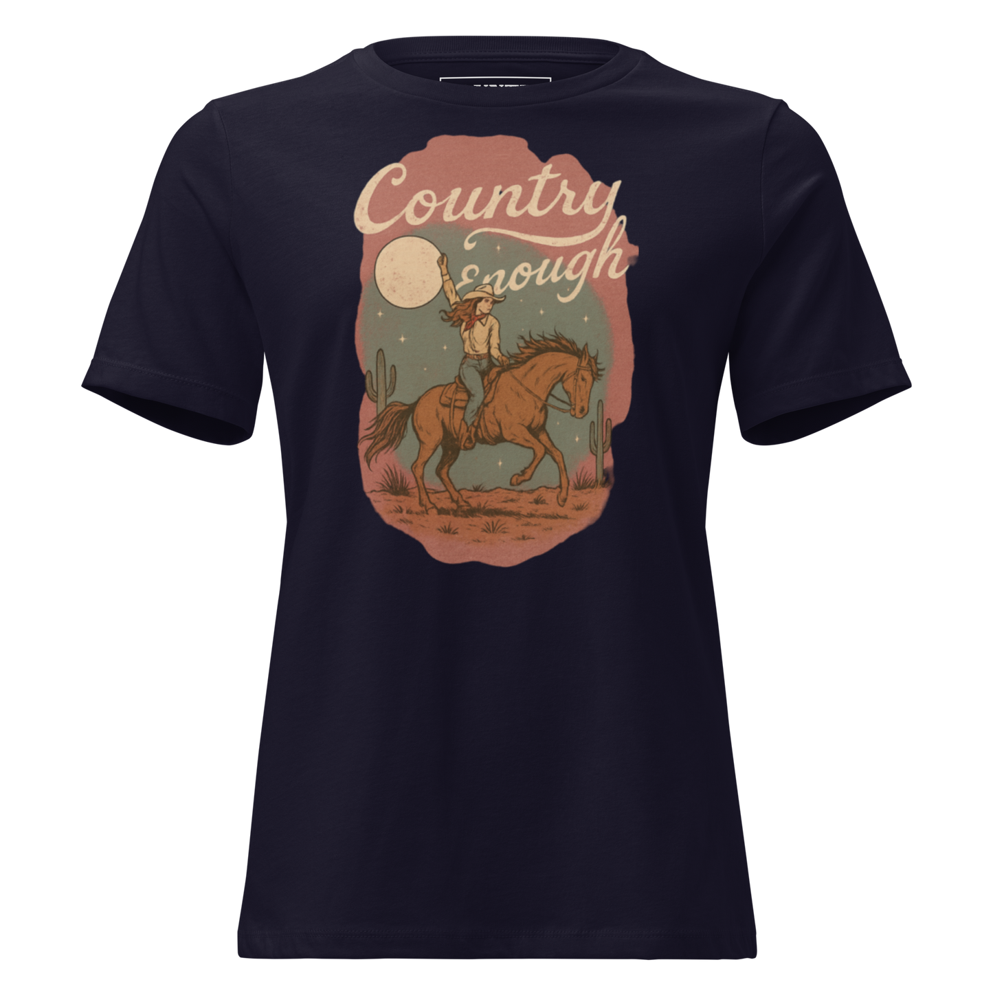 Navy t-shirt with cowgirl and horse graphic featuring a western landscape under moon and stars #navy