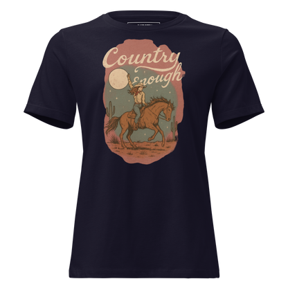 Navy t-shirt with cowgirl and horse graphic featuring a western landscape under moon and stars #navy