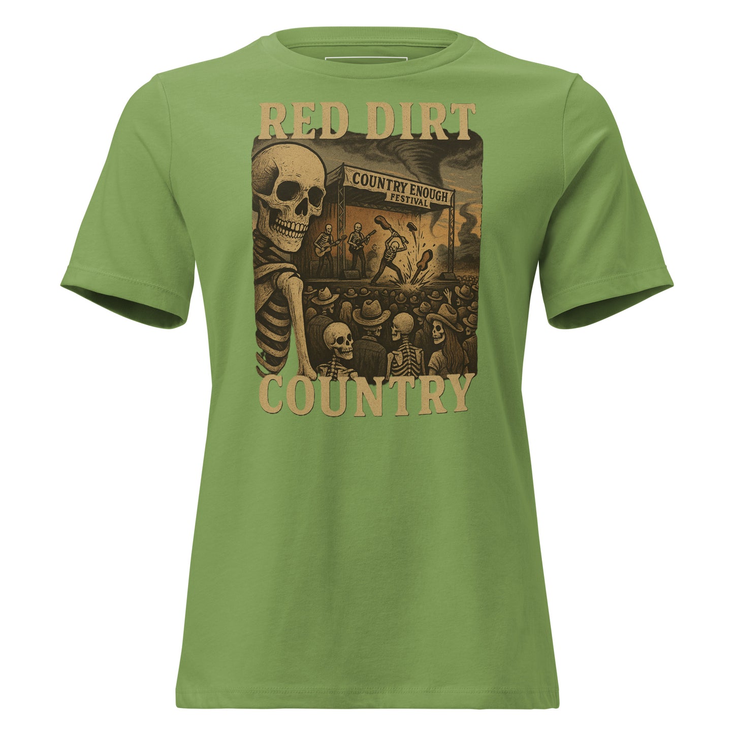 Artichoke t-shirt with graphic of skeletons watch a country enough musical festival of a skeleton band with words red dirt country #artichoke