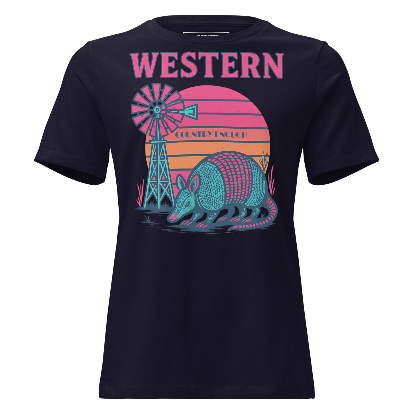 Navy t-shirt with sunset, windmill, and an armadillo graphic #navy
