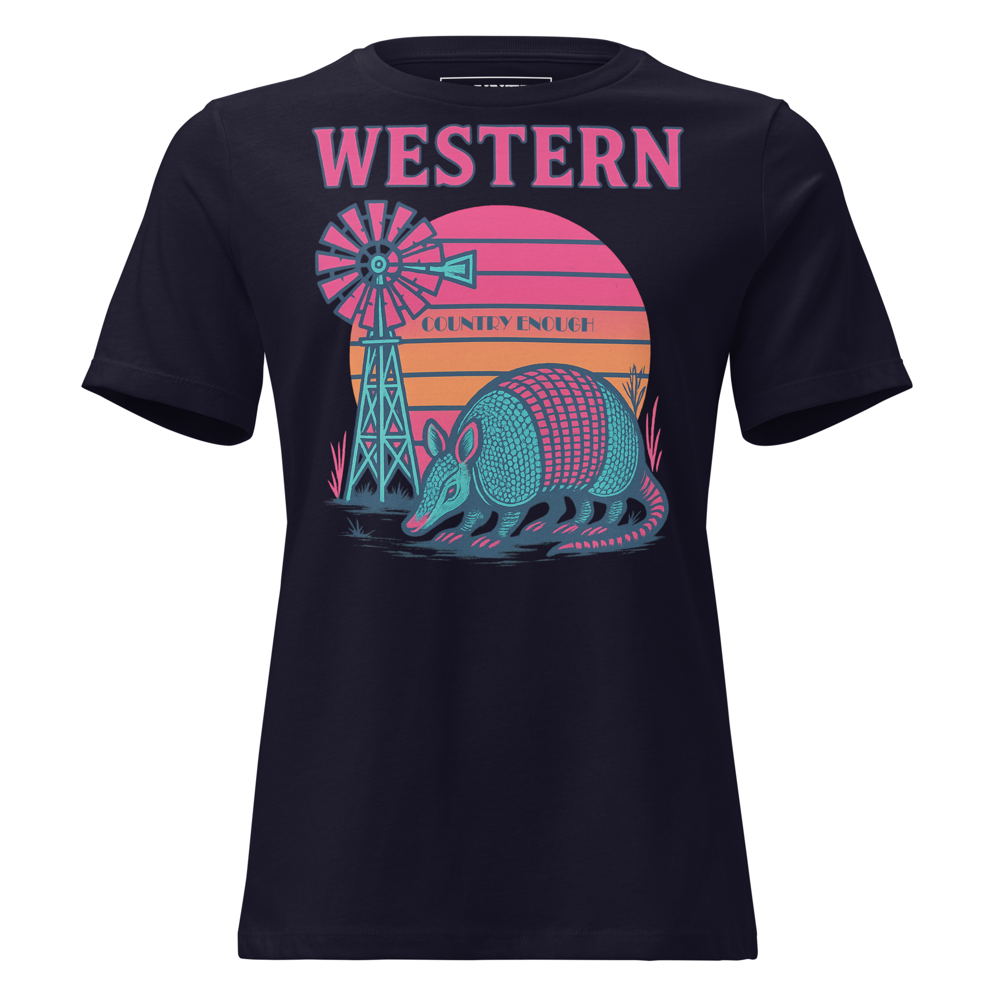 Navy t-shirt with sunset, windmill, and an armadillo graphic #navy