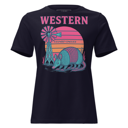 Navy t-shirt with sunset, windmill, and an armadillo graphic #navy