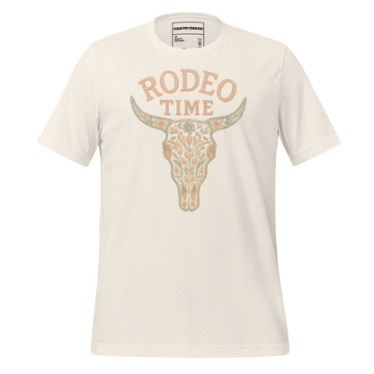 Vintage White t-shirt with graphic of a bull skull filled with flower pattern and the words rodeo time above #vintagewhite