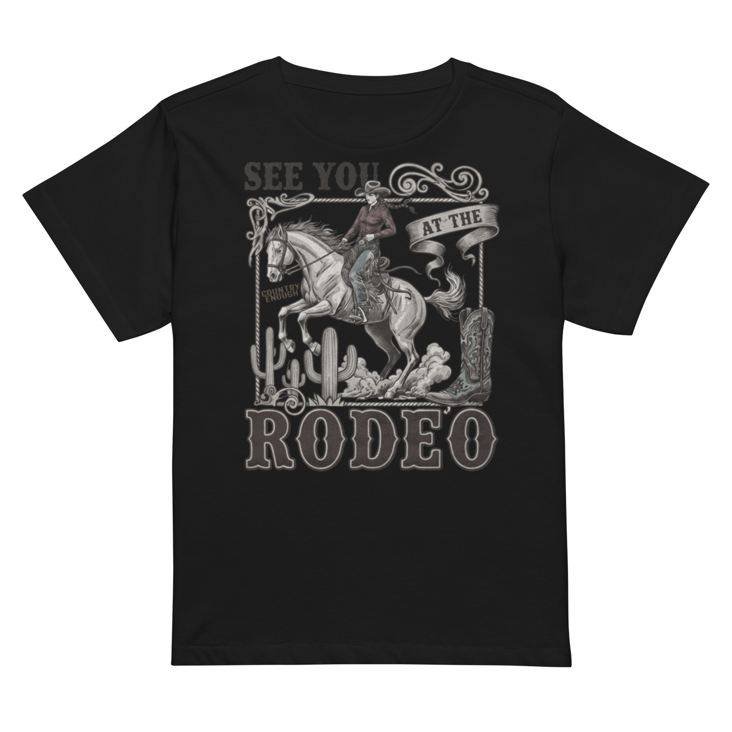 Women's high waist t-shirt with graphic of cowgirl, cowboy boot, cacti, horse, and words see you at the rodeo #black
