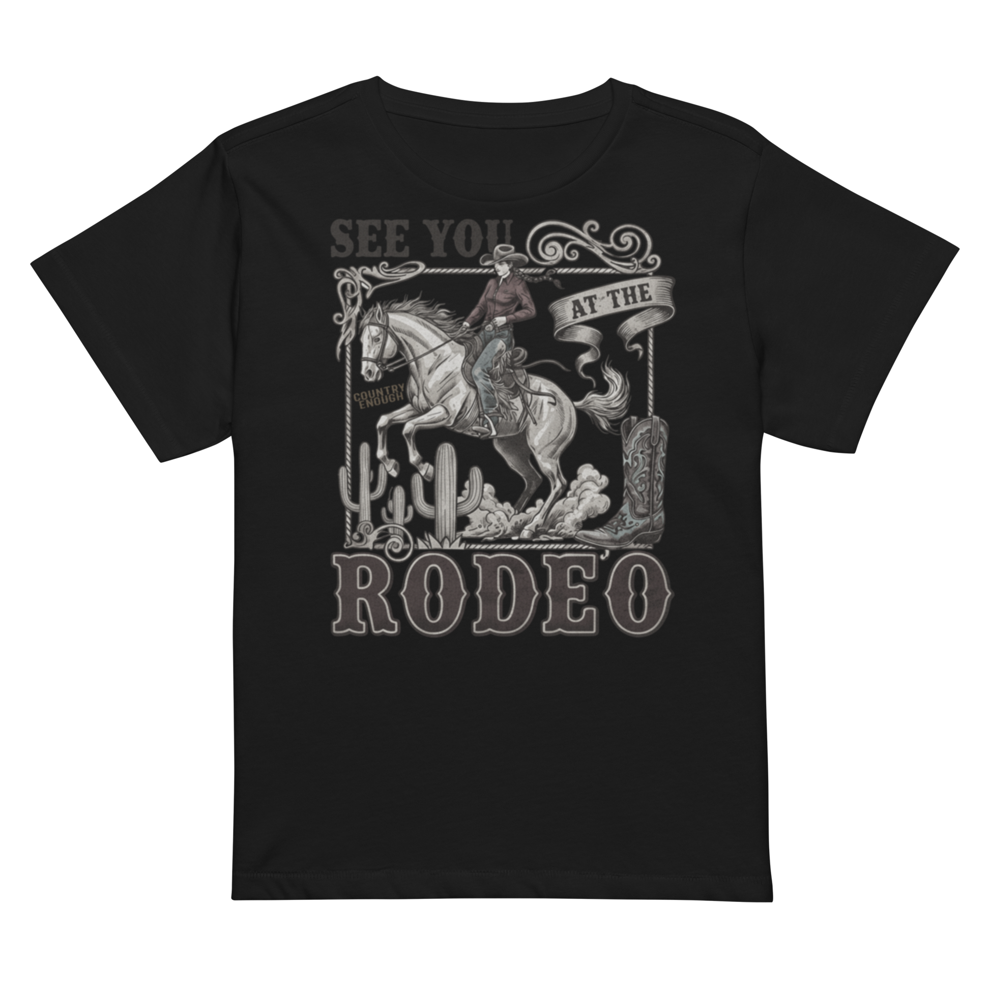 Women's high waist t-shirt with graphic of cowgirl, cowboy boot, cacti, horse, and words see you at the rodeo #black