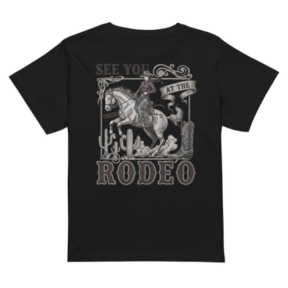 Women's high waist t-shirt with graphic of cowgirl, cowboy boot, cacti, horse, and words see you at the rodeo #black
