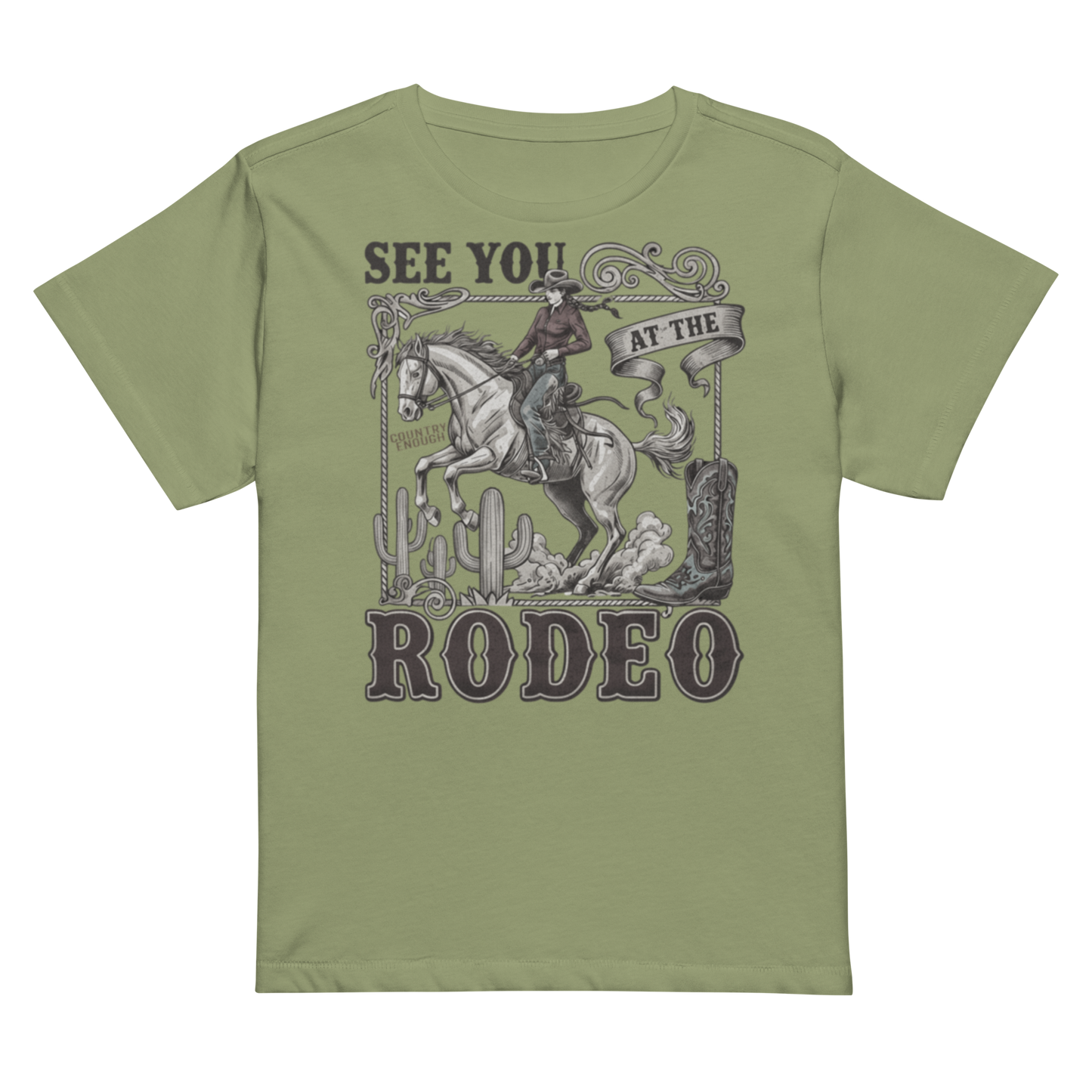 Women's high waist t-shirt with graphic of cowgirl, cowboy boot, cacti, horse, and words see you at the rodeo #artichoke