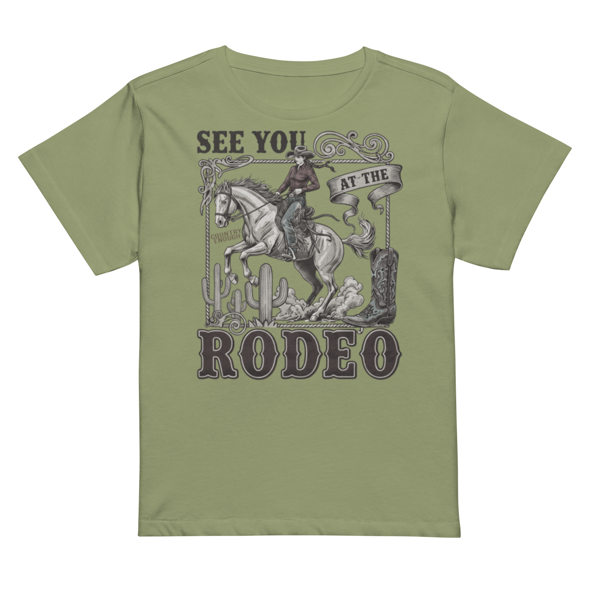 Women's high waist t-shirt with graphic of cowgirl, cowboy boot, cacti, horse, and words see you at the rodeo #artichoke