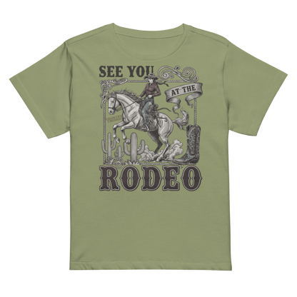 Women's high waist t-shirt with graphic of cowgirl, cowboy boot, cacti, horse, and words see you at the rodeo #artichoke