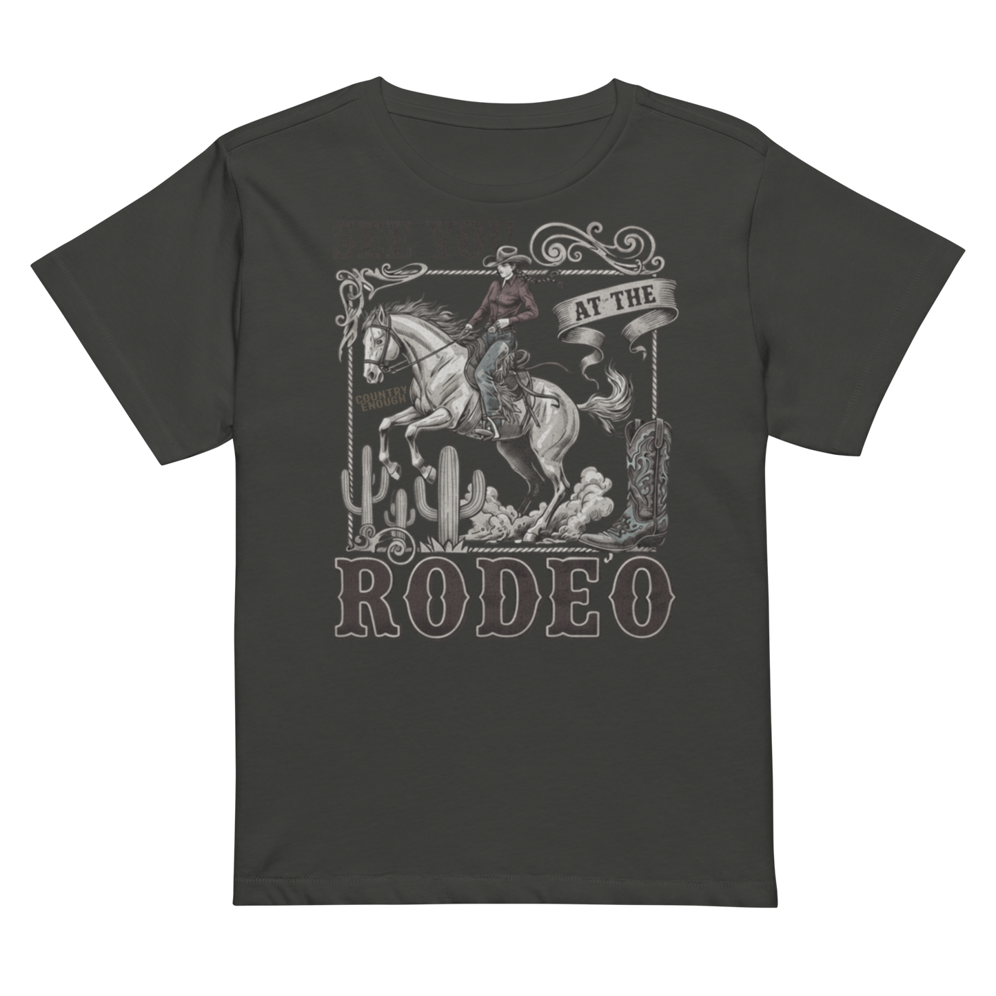 Women's high waist t-shirt with graphic of cowgirl, cowboy boot, cacti, horse, and words see you at the rodeo #vintageblack