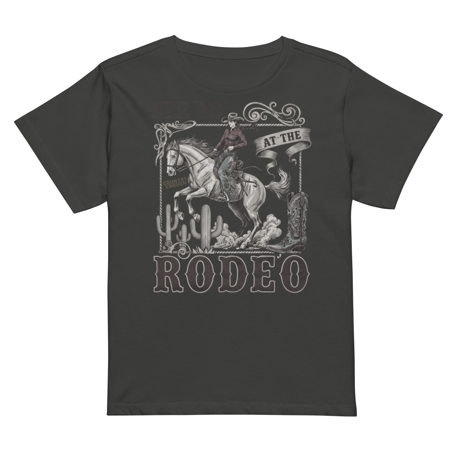 Women's high waist t-shirt with graphic of cowgirl, cowboy boot, cacti, horse, and words see you at the rodeo #vintageblack