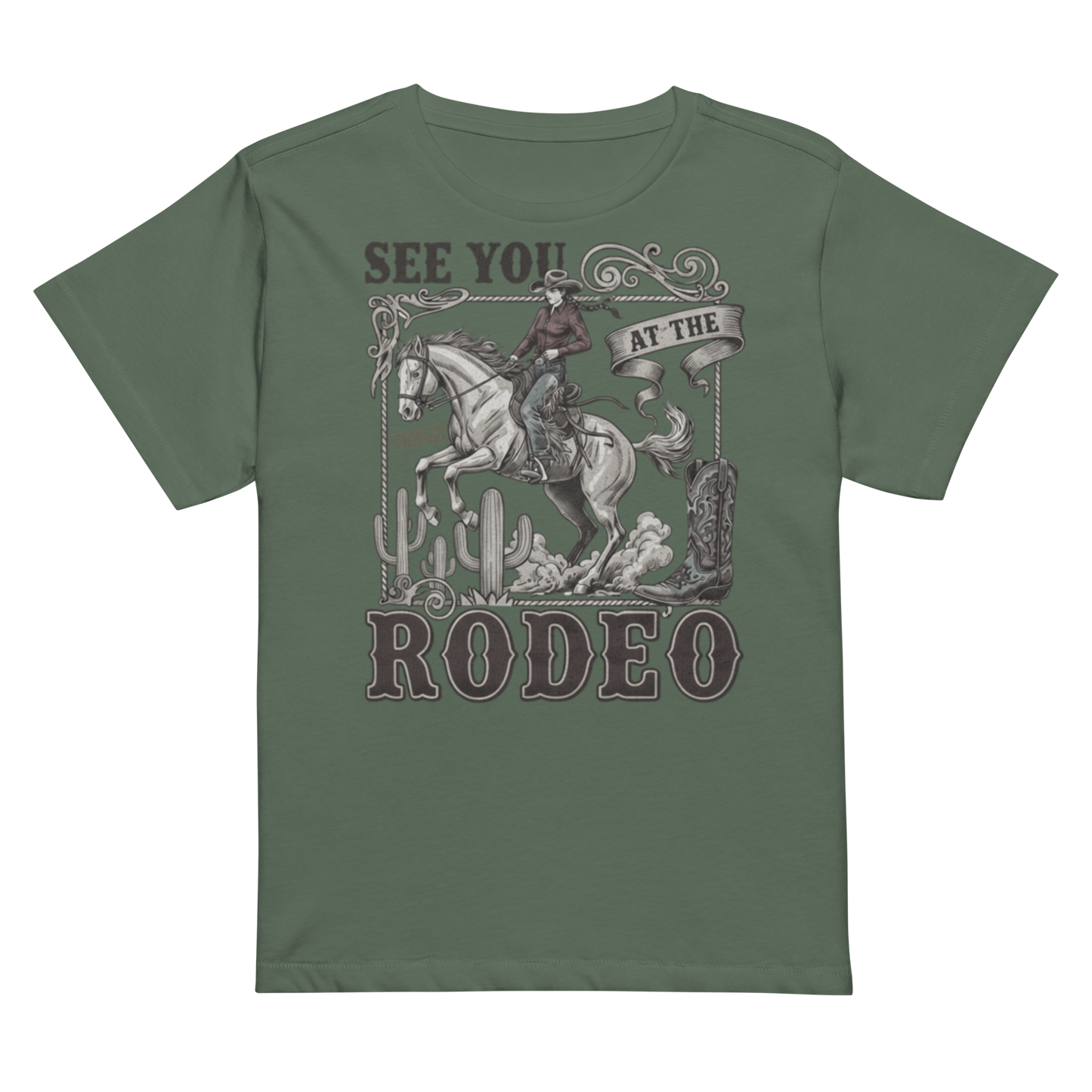 Women's high waist t-shirt with graphic of cowgirl, cowboy boot, cacti, horse, and words see you at the rodeo #pine