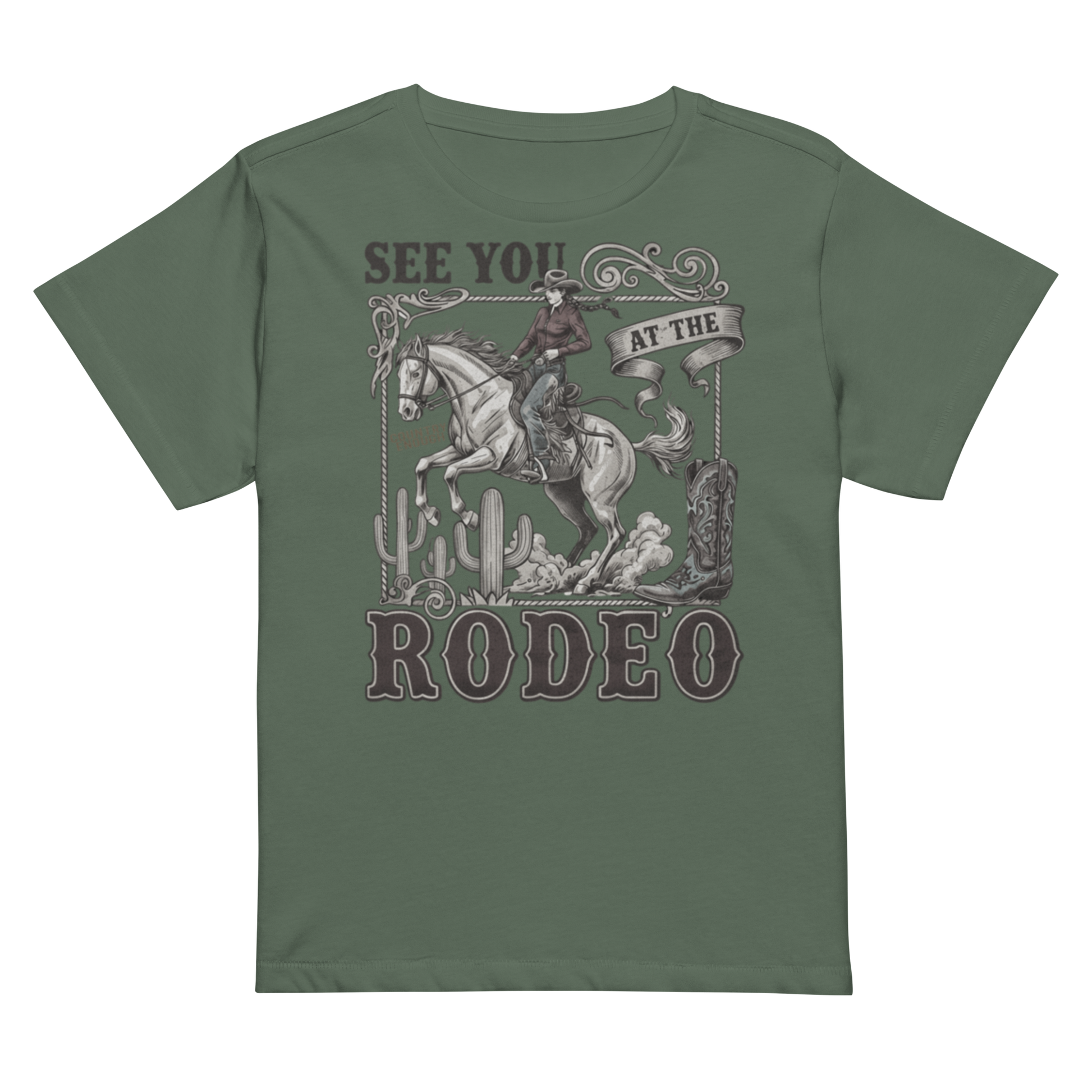Women's high waist t-shirt with graphic of cowgirl, cowboy boot, cacti, horse, and words see you at the rodeo #pine