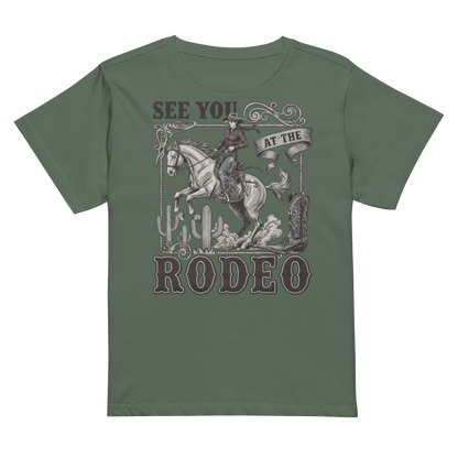 Women's high waist t-shirt with graphic of cowgirl, cowboy boot, cacti, horse, and words see you at the rodeo #pine