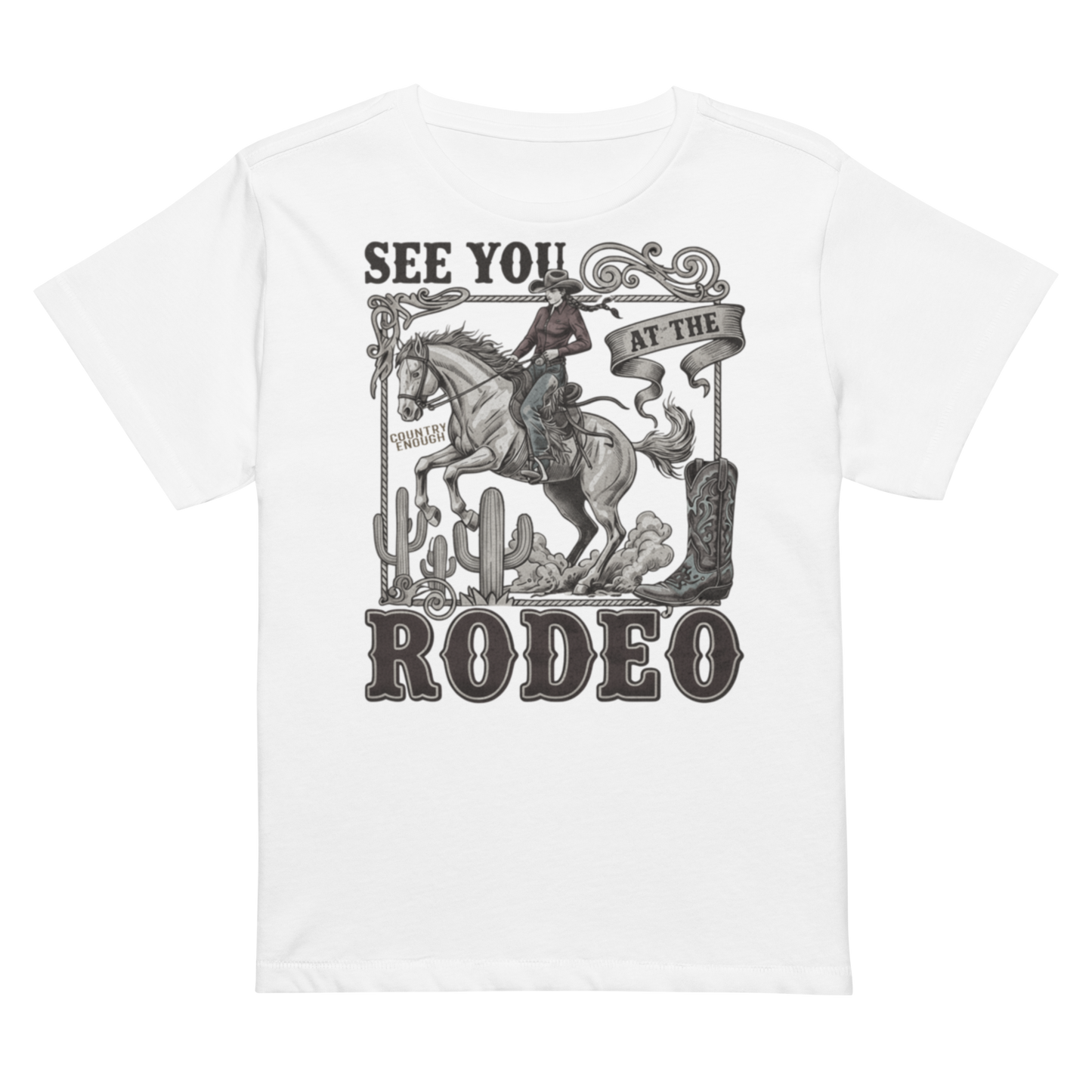 Women's high waist t-shirt with graphic of cowgirl, cowboy boot, cacti, horse, and words see you at the rodeo #white