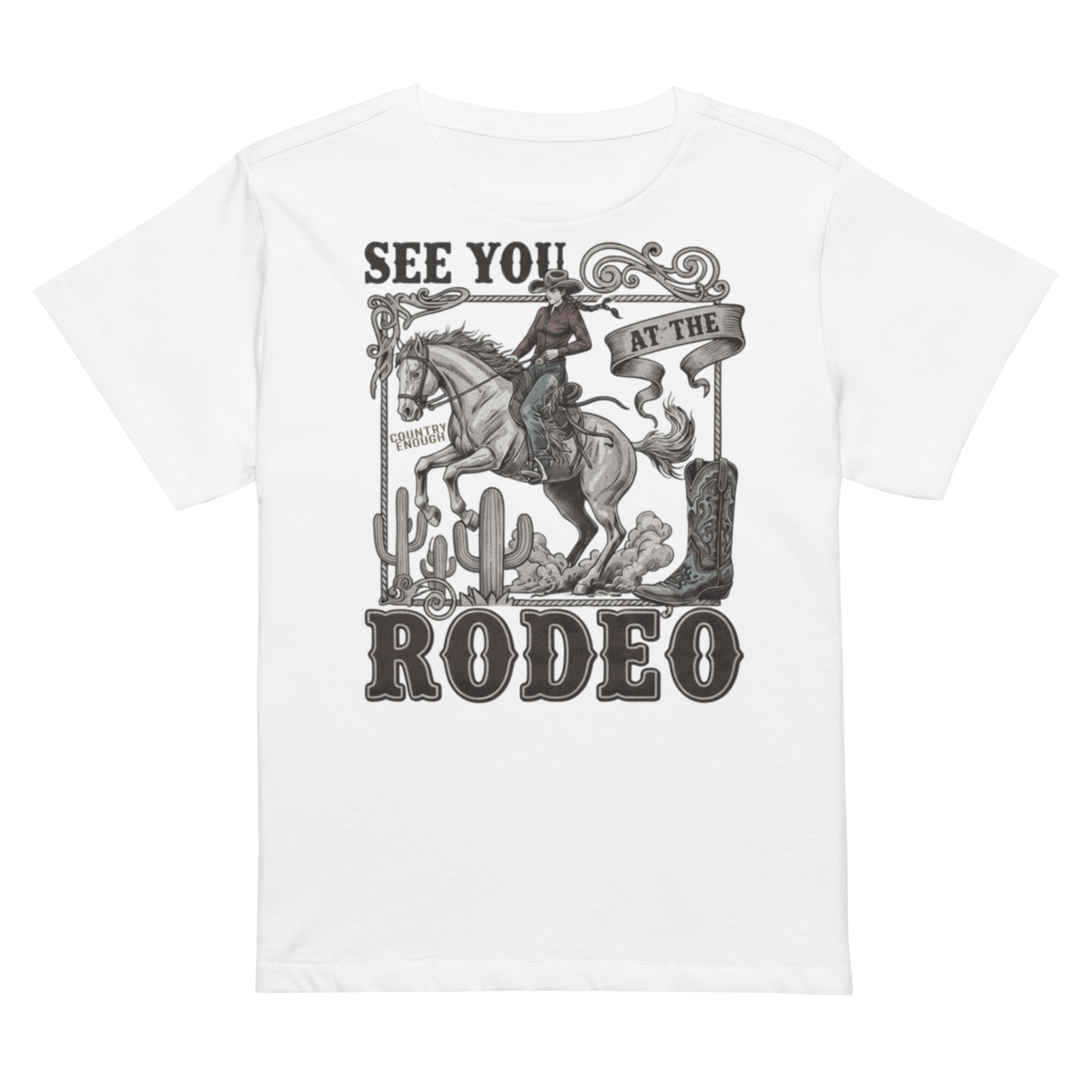 Women's high waist t-shirt with graphic of cowgirl, cowboy boot, cacti, horse, and words see you at the rodeo #white