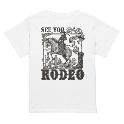 Women's high waist t-shirt with graphic of cowgirl, cowboy boot, cacti, horse, and words see you at the rodeo #white