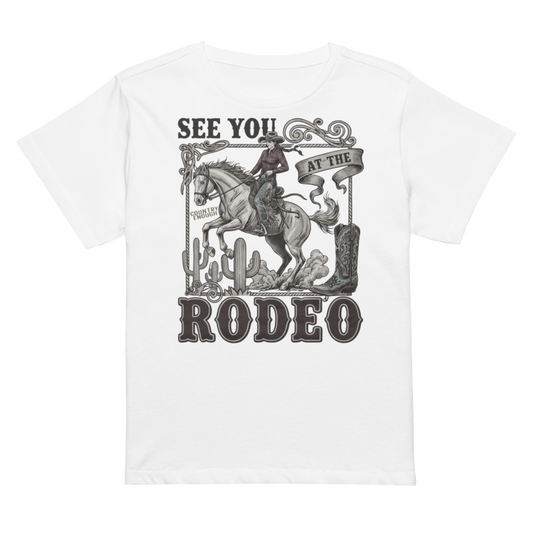 Women's high waist t-shirt with graphic of cowgirl, cowboy boot, cacti, horse, and words see you at the rodeo #white