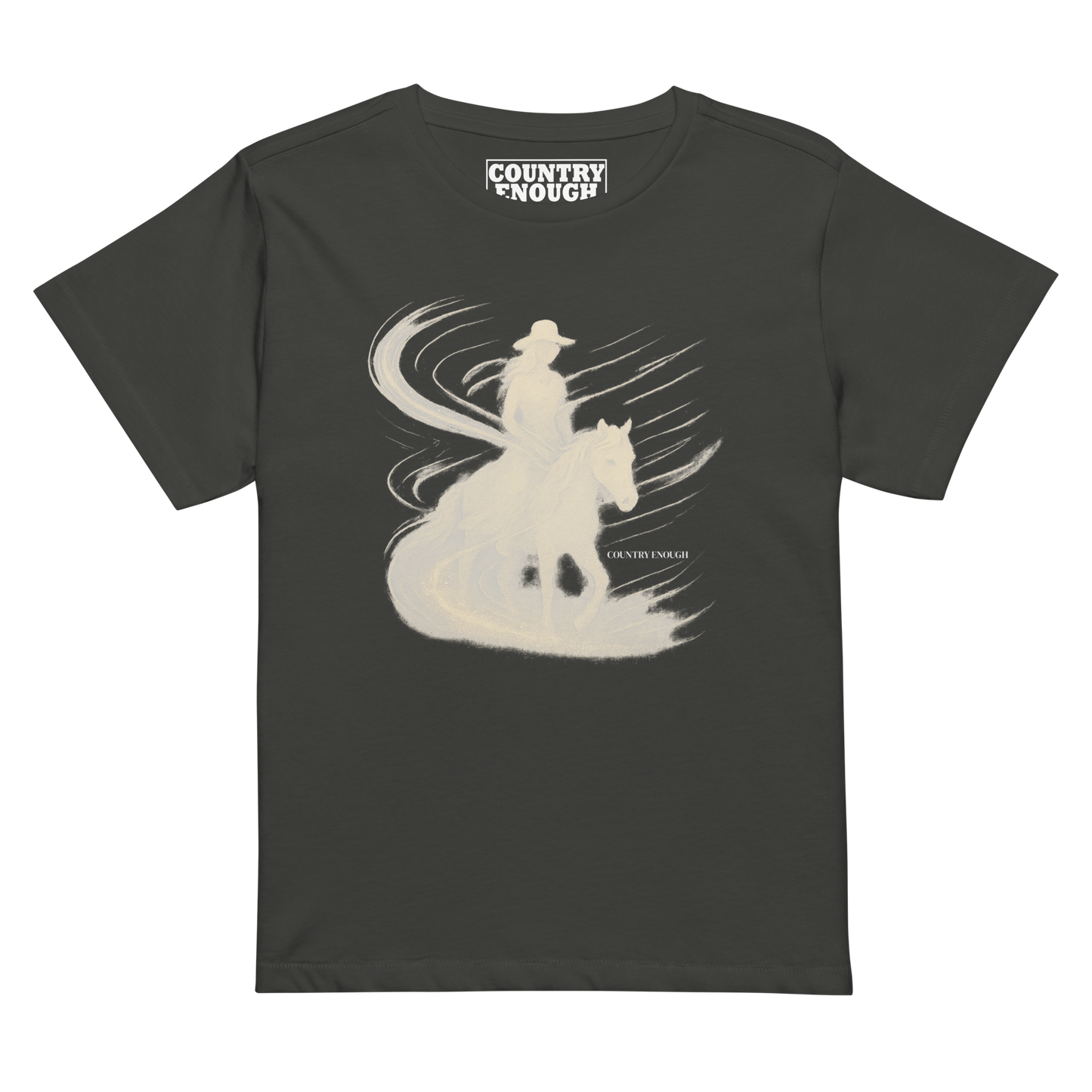 Women's t-shirt with graphic of cowgirl riding horse with visual wind present #vintageblack