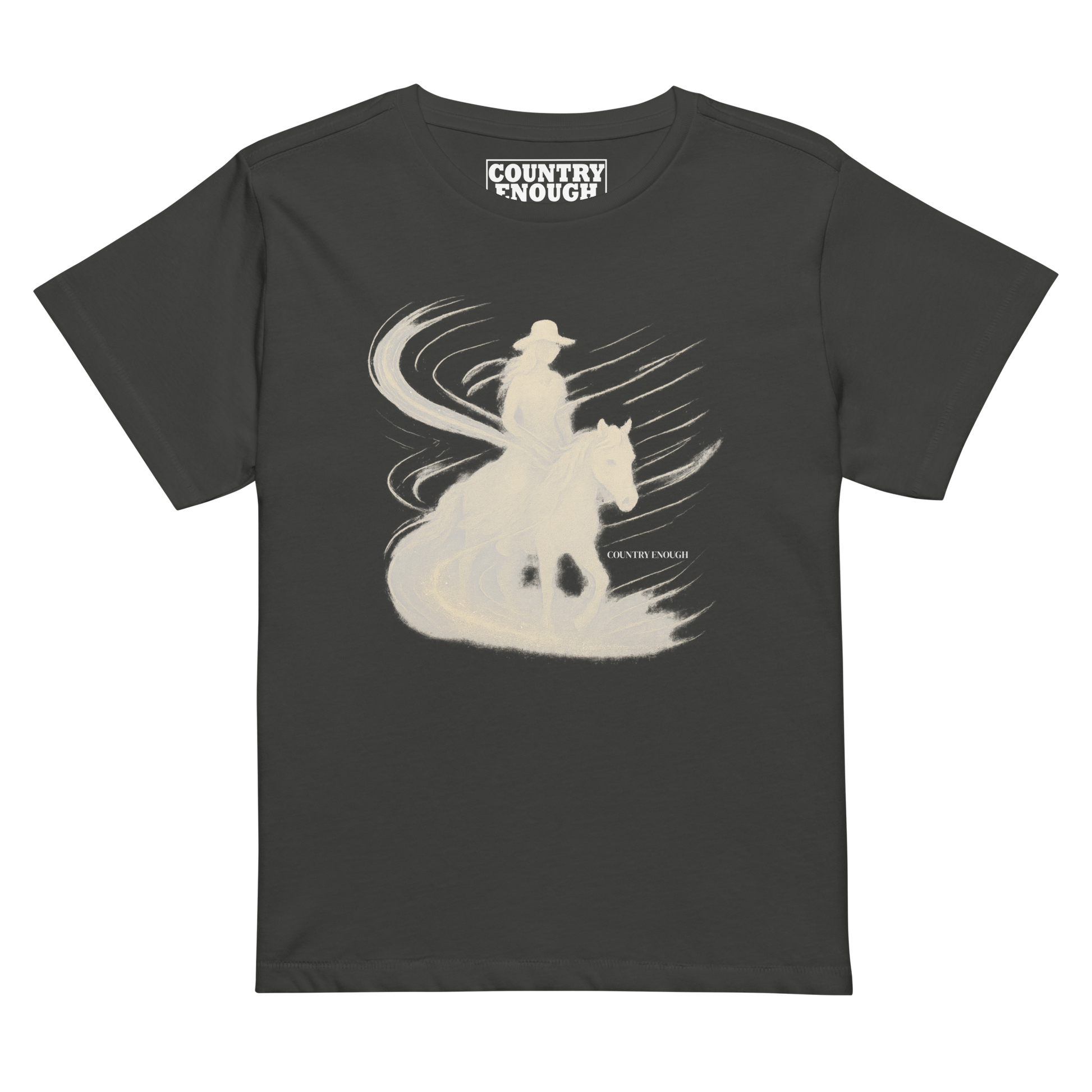 Women's t-shirt with graphic of cowgirl riding horse with visual wind present #vintageblack