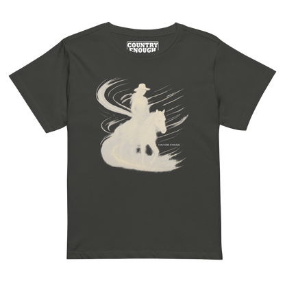 Women's t-shirt with graphic of cowgirl riding horse with visual wind present #vintageblack
