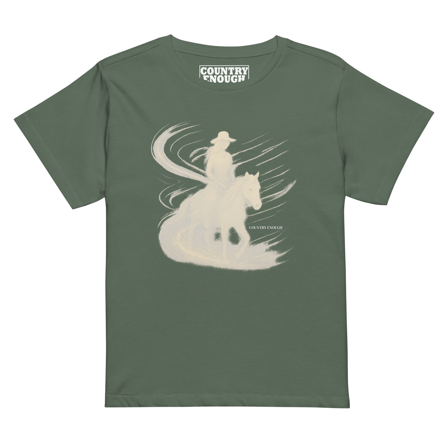 Women's t-shirt with graphic of cowgirl riding horse with visual wind present #pine