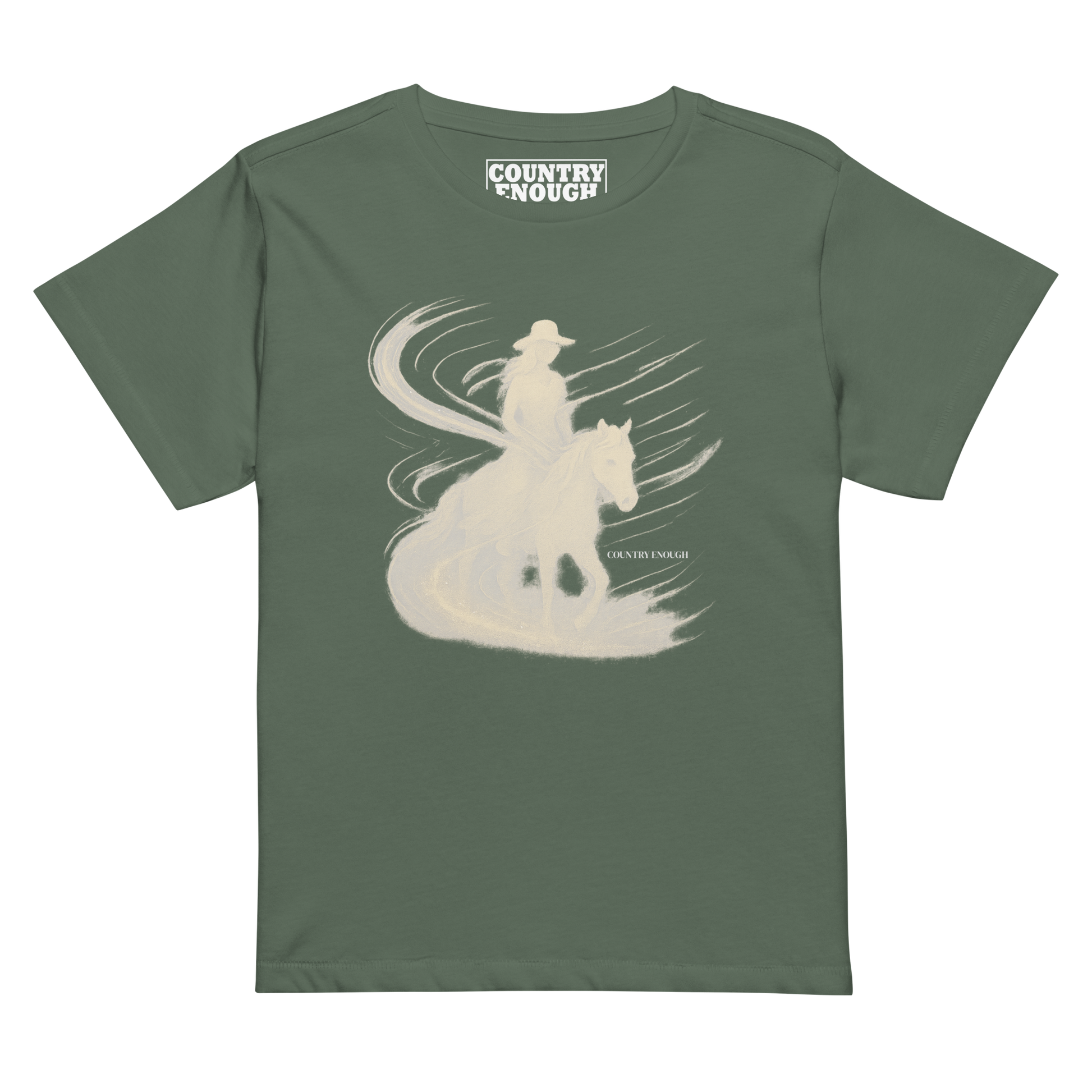 Women's t-shirt with graphic of cowgirl riding horse with visual wind present #pine
