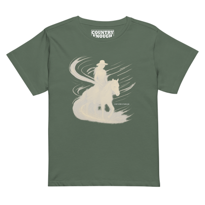 Women's t-shirt with graphic of cowgirl riding horse with visual wind present #pine