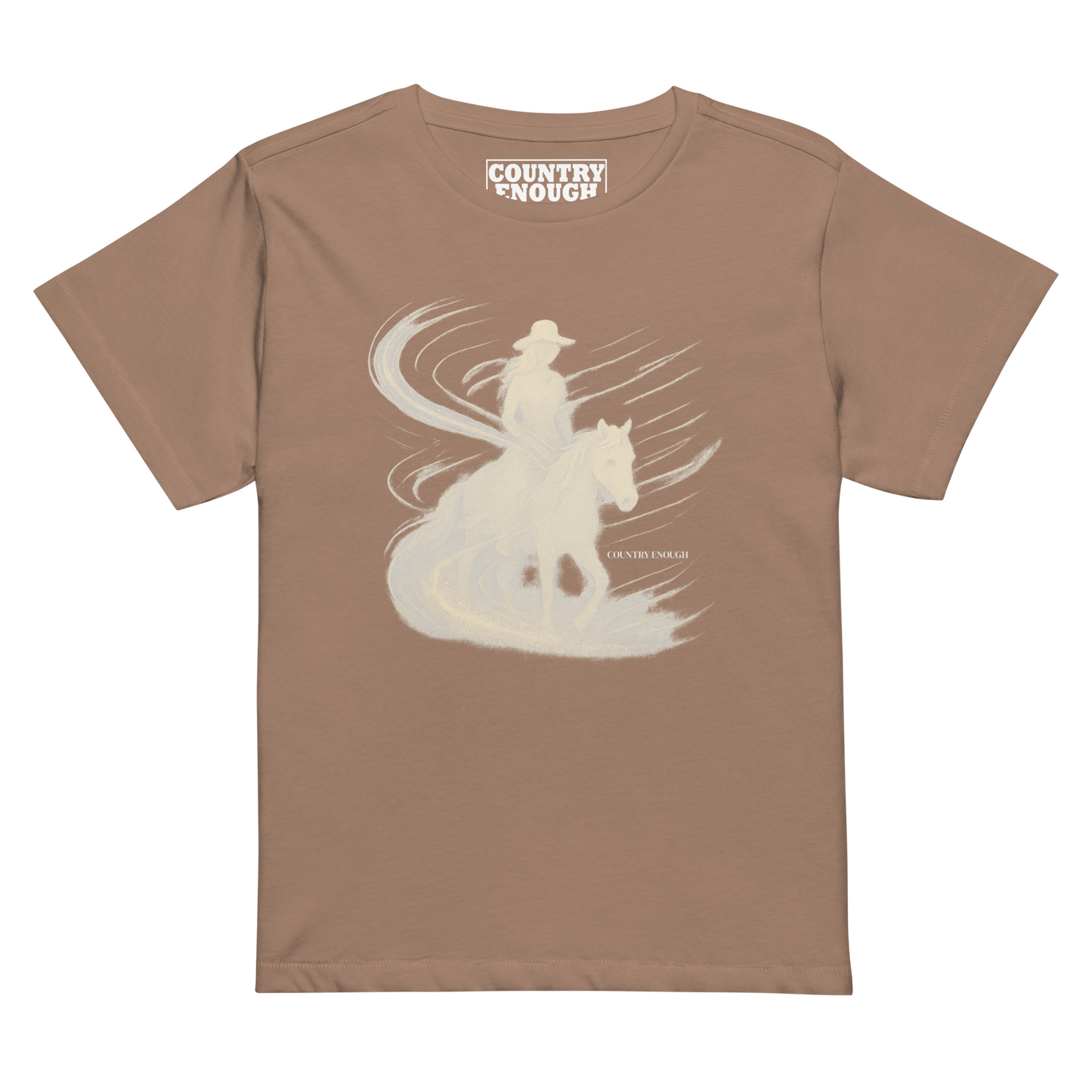 Women's t-shirt with graphic of cowgirl riding horse with visual wind present #latte