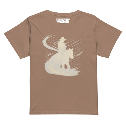 Women's t-shirt with graphic of cowgirl riding horse with visual wind present #latte
