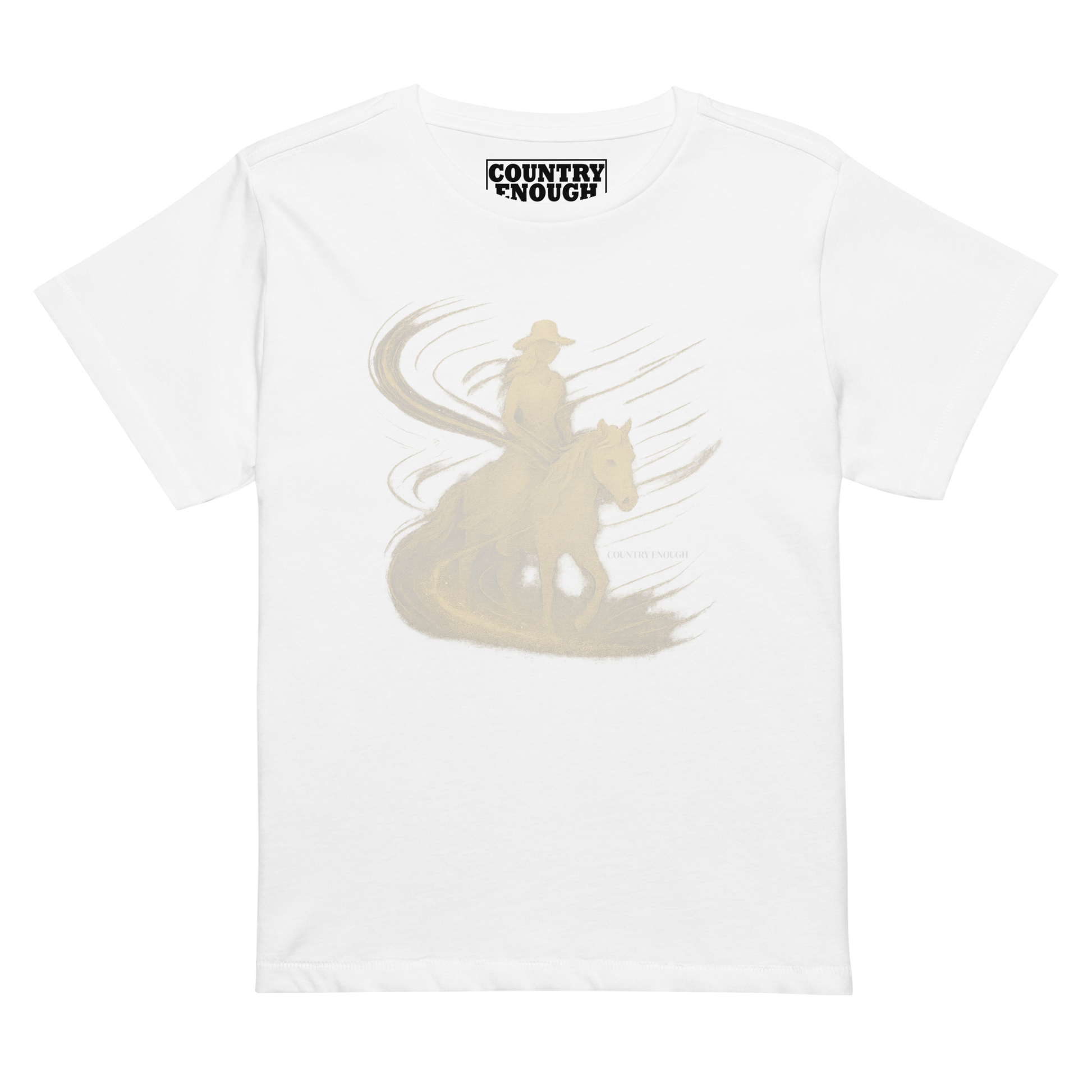 Women's t-shirt with graphic of cowgirl riding horse with visual wind present #white