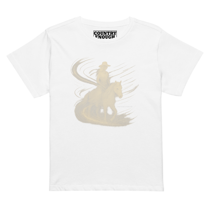Women's t-shirt with graphic of cowgirl riding horse with visual wind present #white
