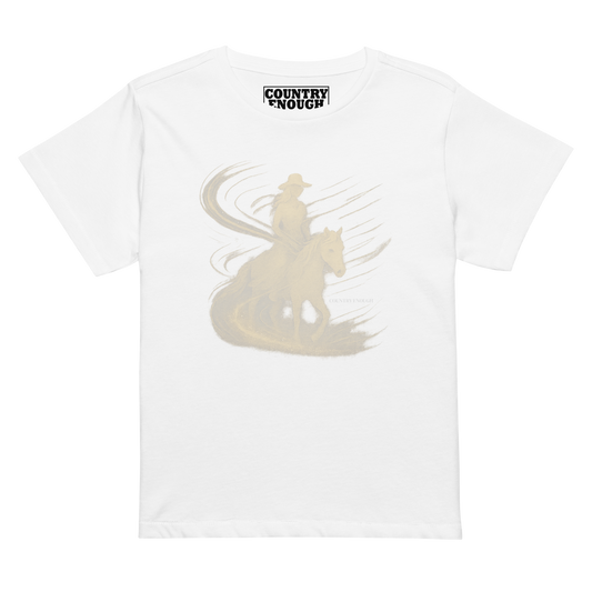 Women's t-shirt with graphic of cowgirl riding horse with visual wind present #white