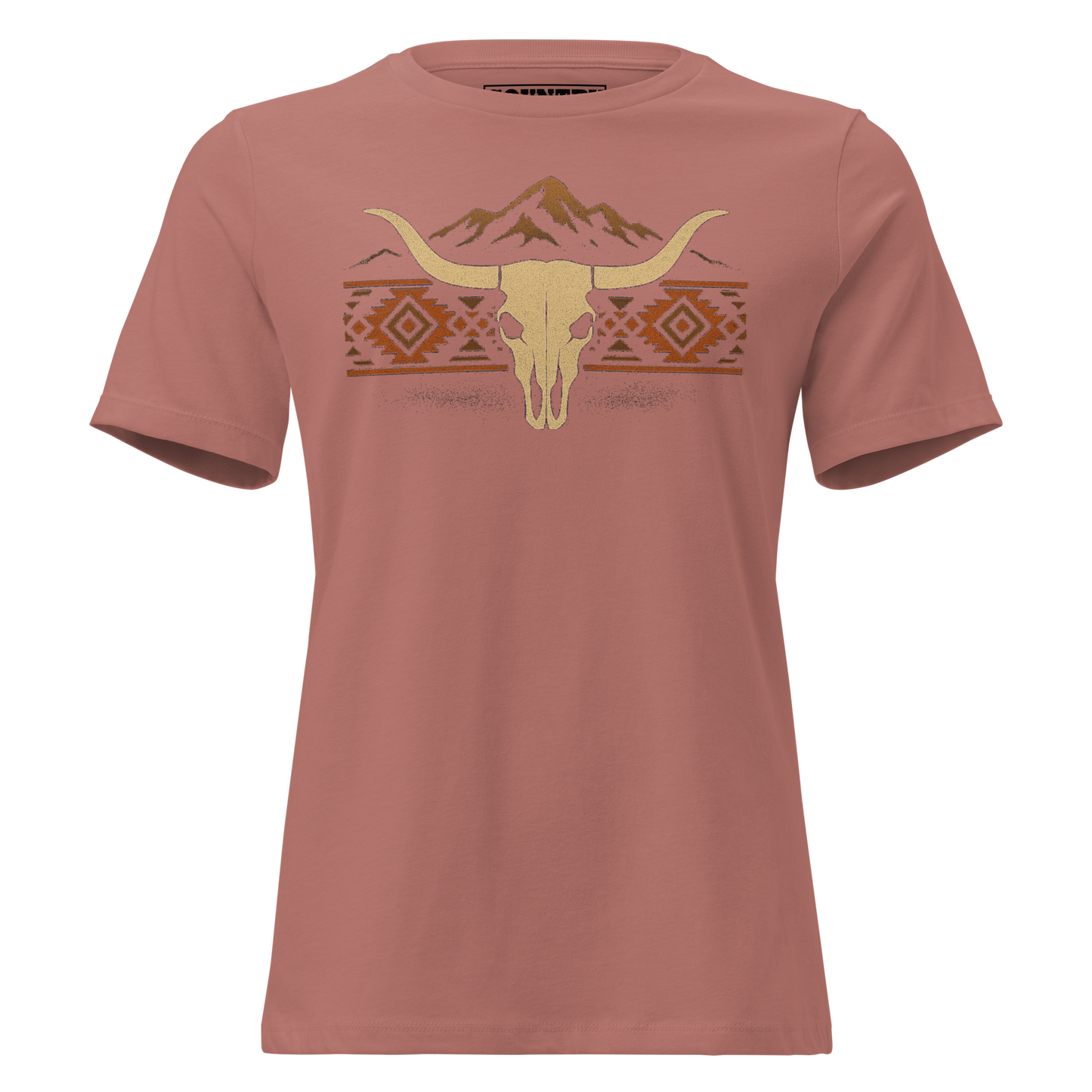 Women's t-shirt with mountains, bull skull, and Aztec pattern graphic #mauve